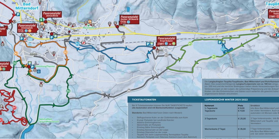 Plán nástupných miest a bežkárskych tratí v Bad Mitterndorf