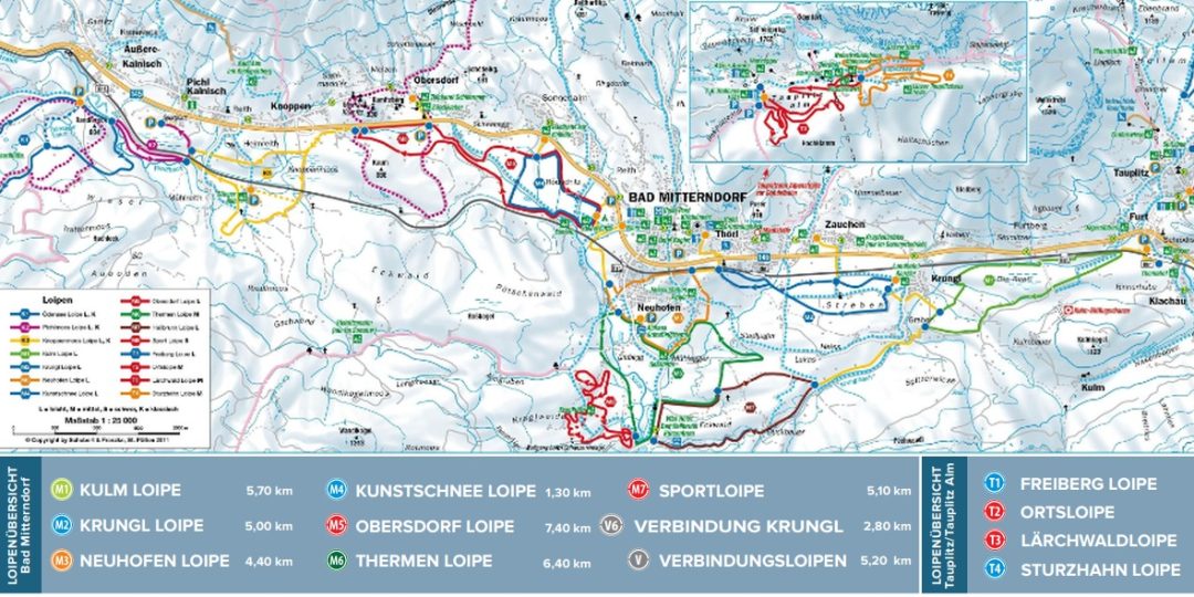 Sieť bežkárskych trás od dedinky Kainisch, cez Pichl, Bad Mitterndorf až po Tauplitz