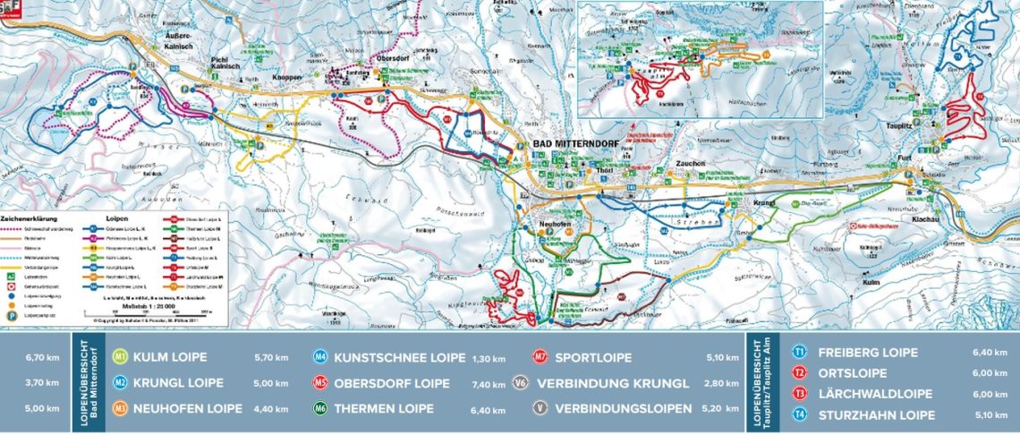 Sieť bežkárskych trás od dedinky Kainisch, cez Pichl, Bad Mitterndorf až po Tauplitz