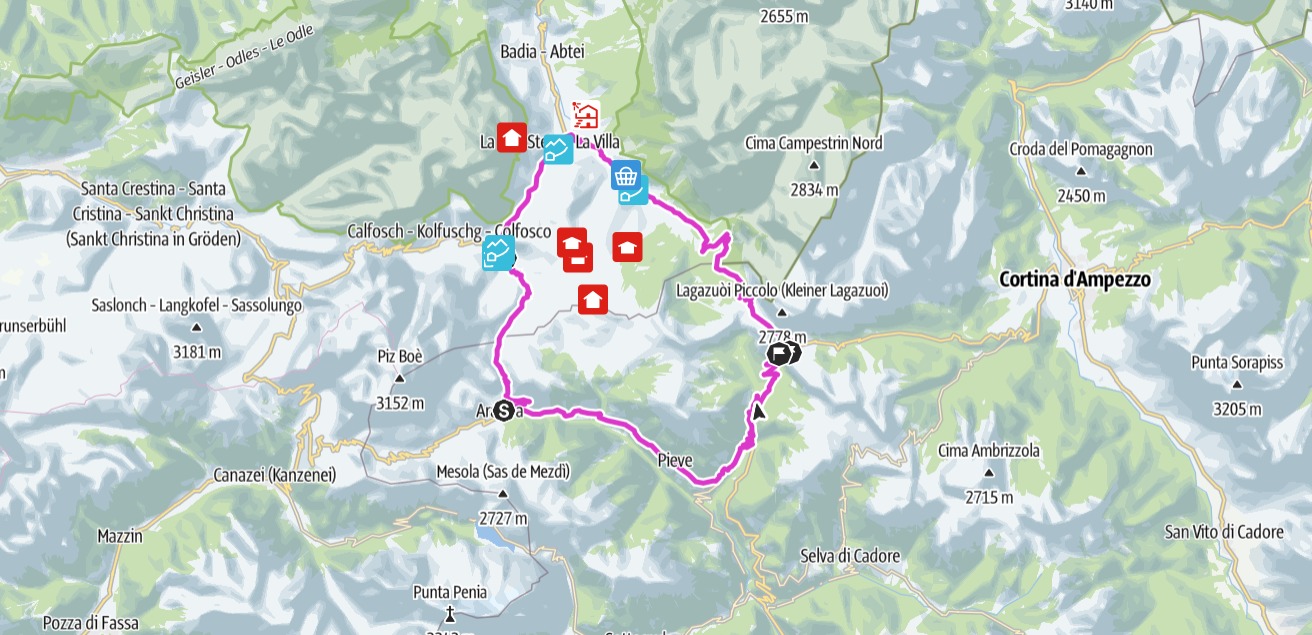 Cyklotúry v Dolomitoch: Mapa trasy Fodom Tour - Dolomity Bike Day Route