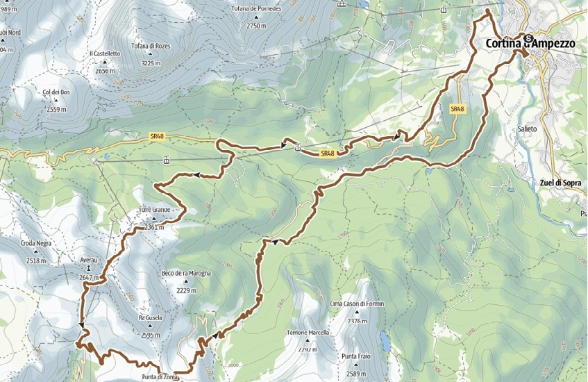 Cyklotúry v Dolomitoch: Mapa trasy Panoramic tour of the Averau