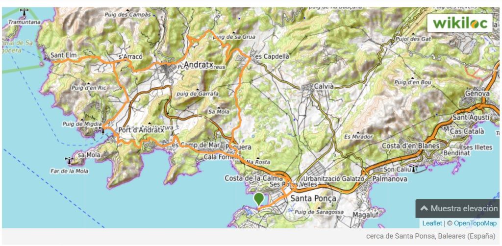 Mapa cyklotrasy Santa Ponsa - Sant Elm