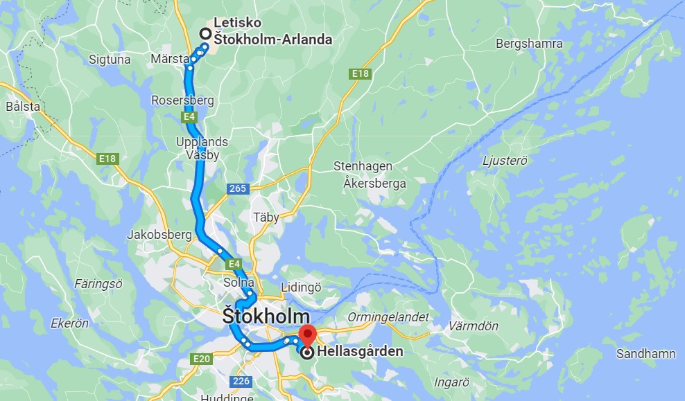 Mapa cesty z letiska do Štokholnu a potom do Hellasgarden
