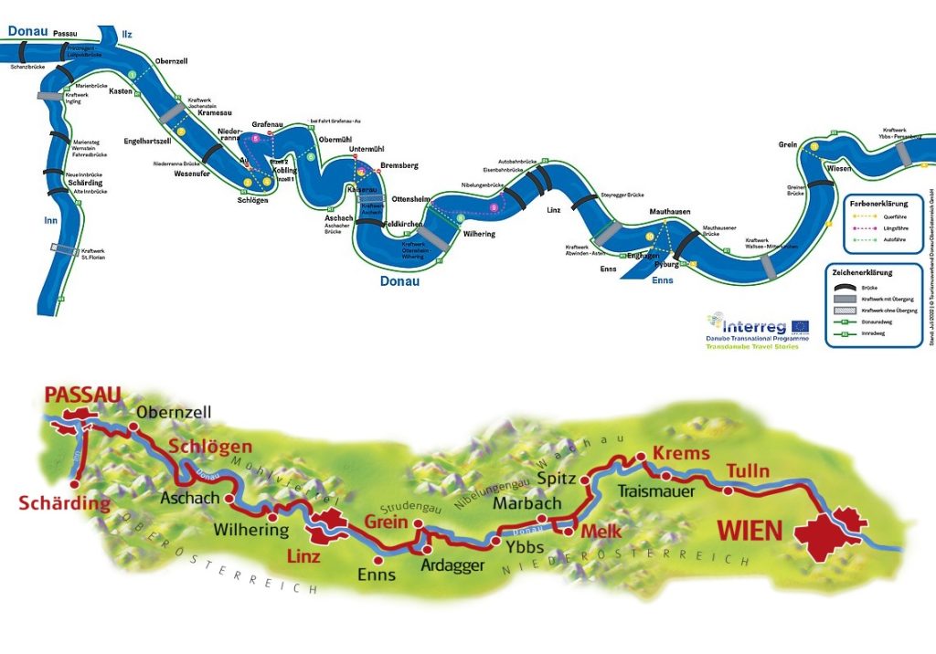 Mapa mostov a Fähre cez Dunaj v Rakúsku